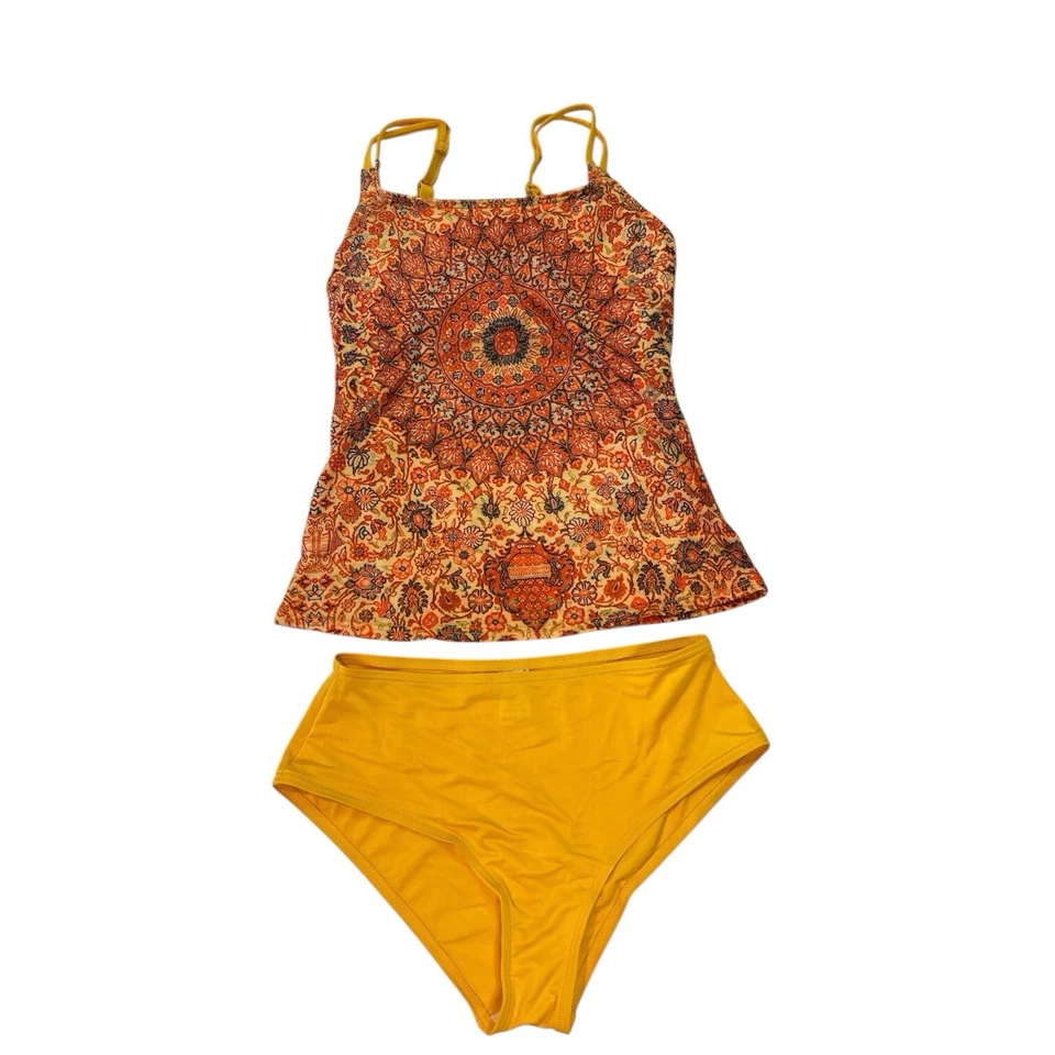 Tankini Cobertura Completa Naranja/Amarillo Pequeño 2 Piezas Floral Paisley Top Sujetador Estante Foto 1 de 4