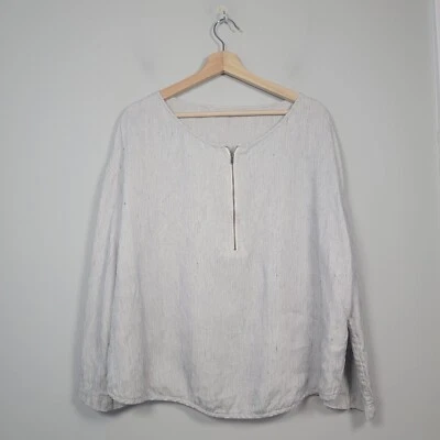 Blusa Top Eileen Fisher M Manga Redonda Cremallera Frontal Lino Orgánico Rayas Foto 1 de 4