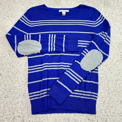 Banana Republic Womens Sweater sz XS Blue Gray Striped Elbow Patches Tight Knit - Image 1 of 4
