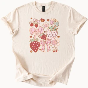 Strawberry Bows Hearts Tee Cute Y2K Shirt - Picture 1 of 6