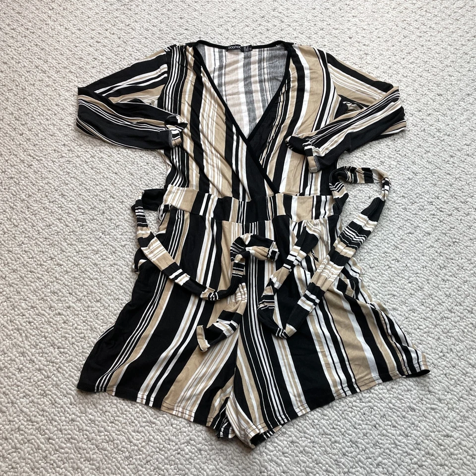 Boohoo Mameluco Mujer 8 Marrón Negro Rayas Cuello en V Cinturón Corbata Manga Larga Suave Foto 1 de 4