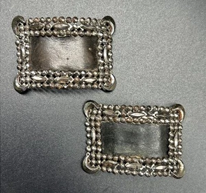 Vtg Antique Steel Cut & Black Leather Crescent Moon Shoe Buckle Clip Pair Of 2 - Picture 1 of 9