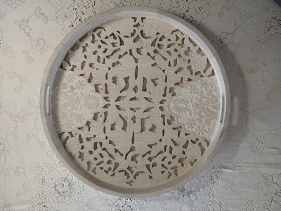 Xtra Large Pier 1 Serving Tray With Handles Etched Wood Scroll 24” White - Image 1 of 4