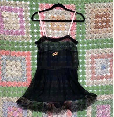 Rare Vintage 1920s Black Silk Chiffon & Lace Teddy with Pink Rose & Pink Straps - Image 1 of 4