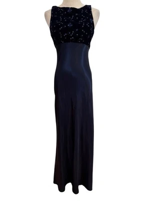 Vestido Vaina De Colección Años 90 Terciopelo Satinado Azul Oscuro Lentejuelas Cintura Imperio Talla 5/6 Baile de graduación Hoco Foto 1 de 4