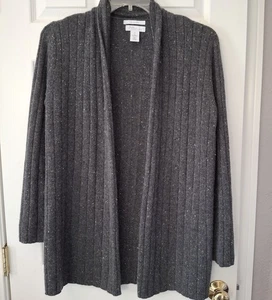 Nordstrom Signature 100% Cashmere Gray Speckled Rib Knit Open Cardigan Sz M - Picture 1 of 8