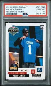 Panini Instant NFL Draft Night Abdul Carter 2025 #NFLDN3 PSA 10 - Imagen 1 de 2