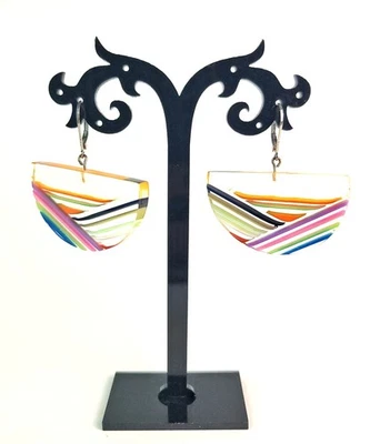 Sobral Retroz Garden Clear Art Deco Multi Stripes Half Moon Artist Made Earrings - Image 1 of 4