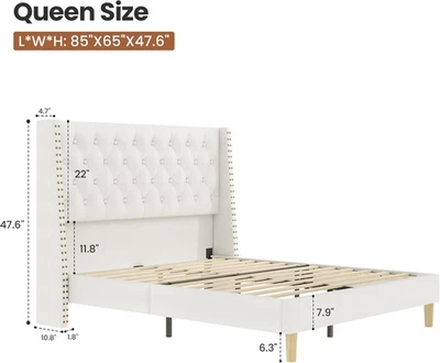 White Queen Size Upholstered Platform Bed Frame with 47" Tall Wingback Headboard - Image 1 of 4