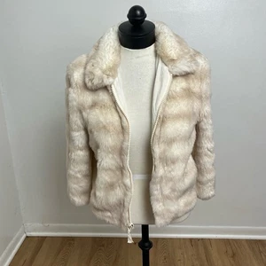 Vintage JUICY COUTURE Beige Creme Reißverschluss Kragen Kunstfell Jacke mit Taschen M - Bild 1 von 13
