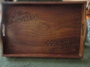 Wooden Tray Floral Carved double handle Dovetail 10x15 Vintage - Picture 1 of 11