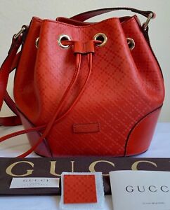 'Gucci Bright Diamante' Leather Bucket Bag Red/Burnt Orange Gentrly Pre Loved 
