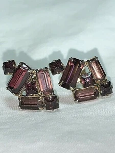 Amethyst 12 Stones Vintage Emerald Cut Post Earrings Pair - Picture 1 of 4