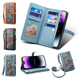 For iPhone 15 14 13 12 11 Retro Leather Flip Stand Wallet Crossbody Phone Case - Picture 1 of 42