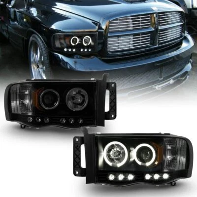 Black Smoke Fit 2002-2005 Dodge RAM Halo Projector Headlights LED Bar Left+Right - Image 1 of 4