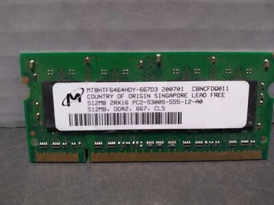 Micron 512MB SO-DIMM 667 MHz DDR2 MT8HTF6464HDY-667D3 RAM CL5 memory - Image 1 of 2