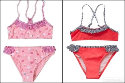 NEW GIRLS 3,4,6,8,10 OKAIDI PINK APPLE or RED & NAVY BLUE RUFFLE STRIPED BIKINI - Image 1 of 4