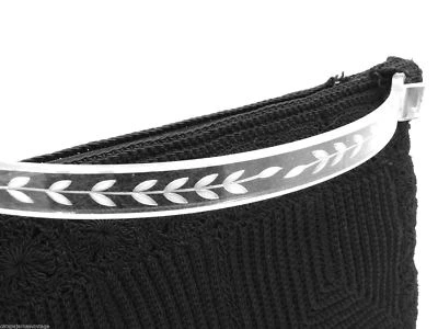 Retro Vintage Purse Black Corde Bag 1940s Great Long Etched Handle and Pull - Image 1 of 4