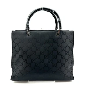 GUCCI Bamboo GG Canvas Tote Hand Bag silver Black Authentic - Picture 1 of 18