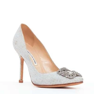 MANOLO BLAHNIK Hangisi 90 silver crystal embellished glittered heels EU37 - Picture 1 of 11
