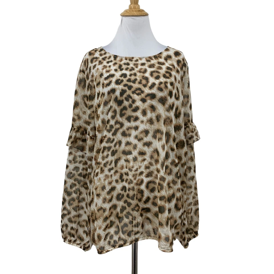 Wrangler Retro Blouse Womens XL Extra Large Cheetah Sheer Ruffle Tiered Sleeve Foto 1 de 4