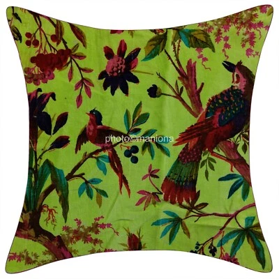 Set of 2 Bird Print Green Velvet Cushion Cover, Indian Handmade Velvet Pillowes - Image 1 of 2