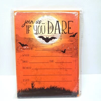 Halloween Party Invitations w/Envelopes Join If you Dare Orange Bat Pack Set 12 - Image 1 of 4