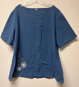 Women's Blue Dandelion Print Cotton Blouse Size 3XL Unbranded Vacation Casual - Picture 1 of 8