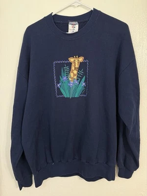 Jirafa y flores bordadas vintage Jerzees cuello redondo talla X-grande azul Foto 1 de 4