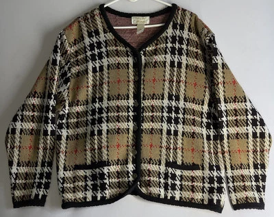 Cárdigan Tally Ho Vintage Años 80 Tostado Negro A Cuadros Acrílico Tejido Botón Delantero - Talla XL Foto 1 de 4