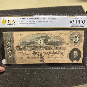 T-69 1864 $5 CONFEDERATE CURRENCY PMG 63 EPQ CIVIL WAR NOTE 63535 - Picture 1 of 9