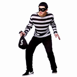 Adult BURGLAR Robber Convict Thief Prisoner Fancy Dress Costume MASK HAT BAG - Picture 1 of 5