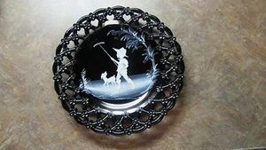 Westmoreland Black Glass LACE EDGE LATTICE MARY GREGORY PLATE,Boy & Dog - Picture 1 of 4