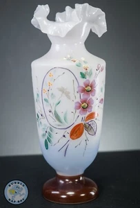 VICTORIAN OPAQUE GLASS VASE DECORATIVE RUFFLED NECK ENAMELED FLORA 9" TALL - Picture 1 of 7