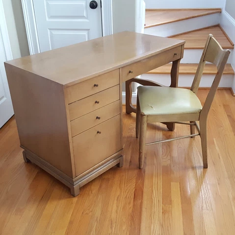 Vintage MCM American of Martinsville Desk & Chair Unique Design Gray/Tan Color! Cover