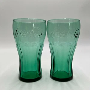 COCA-COLA Dark Green Tall Glass Cups Tumblers (Lot of 2) - Picture 1 of 8