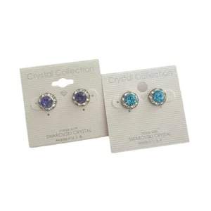 NWT 2 x 12mm Swarovski Crystal Tanzanite and Aquamarine Halo Silver Plated Studs - Picture 1 of 2