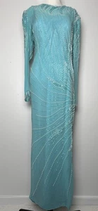 Vtg Aqua Blue Silk Gown L Hand Beaded Pearls Long Dress Evening Art Deco Formal - Picture 1 of 18