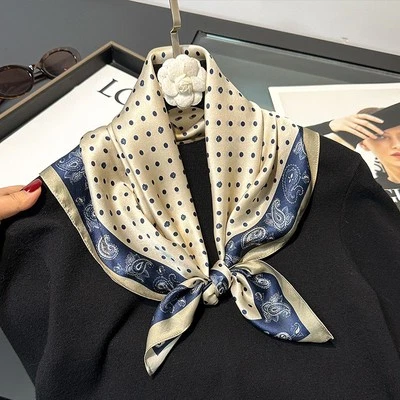 Pañuelo cuadrado 100 % seda 26" mujer pañuelo envolvente beige azul cachemira lunares Foto 1 de 4