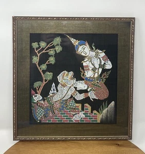 Vintage handbemalte thailändische Göttin und Drache Mongkut auf Seide gerahmt 14" Kunst - Bild 1 von 11