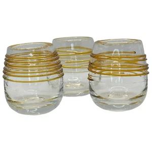 3 Hand Blown Art Glass Candle Votive Holders Clear Spun Glass Amber Gold Spirals - Picture 1 of 5