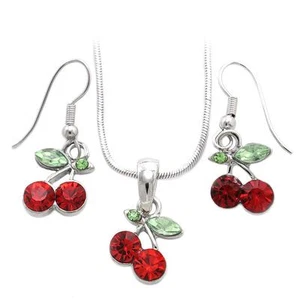 Red Cherry Charm Pendant Chain Necklace Dangle Earrings Jewelry Set sne780 - Picture 1 of 1
