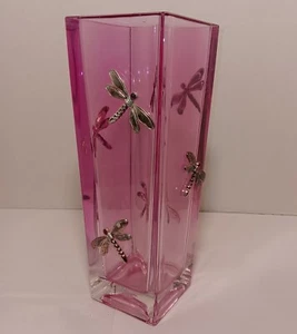 Vaso vintage rosa 24% cristallo piombo con libellule argento e ametista 10"... - Foto 1 di 8