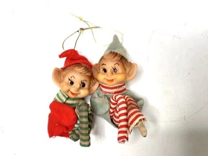 Vintage Lot 2 Two Christmas Striped Pixies Elf Knee Hugger Ornaments - Picture 1 of 2