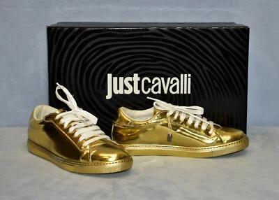 NUEVO EN CAJA JUST CAVALLI Dorado Metálico Cuero Parte Superior Baja Moda Tenis Zapatos Talla 36  Foto 1 de 4