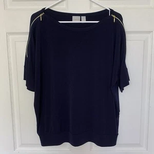 Blusa Top Chico's Talla 2 Para Mujer Mediana Azul Marino Manga Dolman Cremallera Acento - Imagen 1 de 6