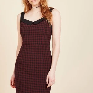 ModCloth Liza Luxe Hint Of Pinup Gingham Dress XL Maroon Red Black 50s - Picture 1 of 10