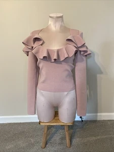 Express Women Shirt M Pink Dusty Long Sleeve Ruffle Top Knit Sweater Mauve GUC - Picture 1 of 16