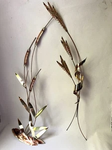 Vintage 70s Cattail Reeds & Wheat MCM Brass Metal Hanging Wall Art Set 30” - Picture 1 of 7