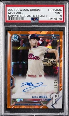 2021 BOWMAN CHROME SAPPHIRE ED AUTOS ORANGE #BSPAMA MICK ABEL 15/25 PSA 9 AUTO - Image 1 of 2